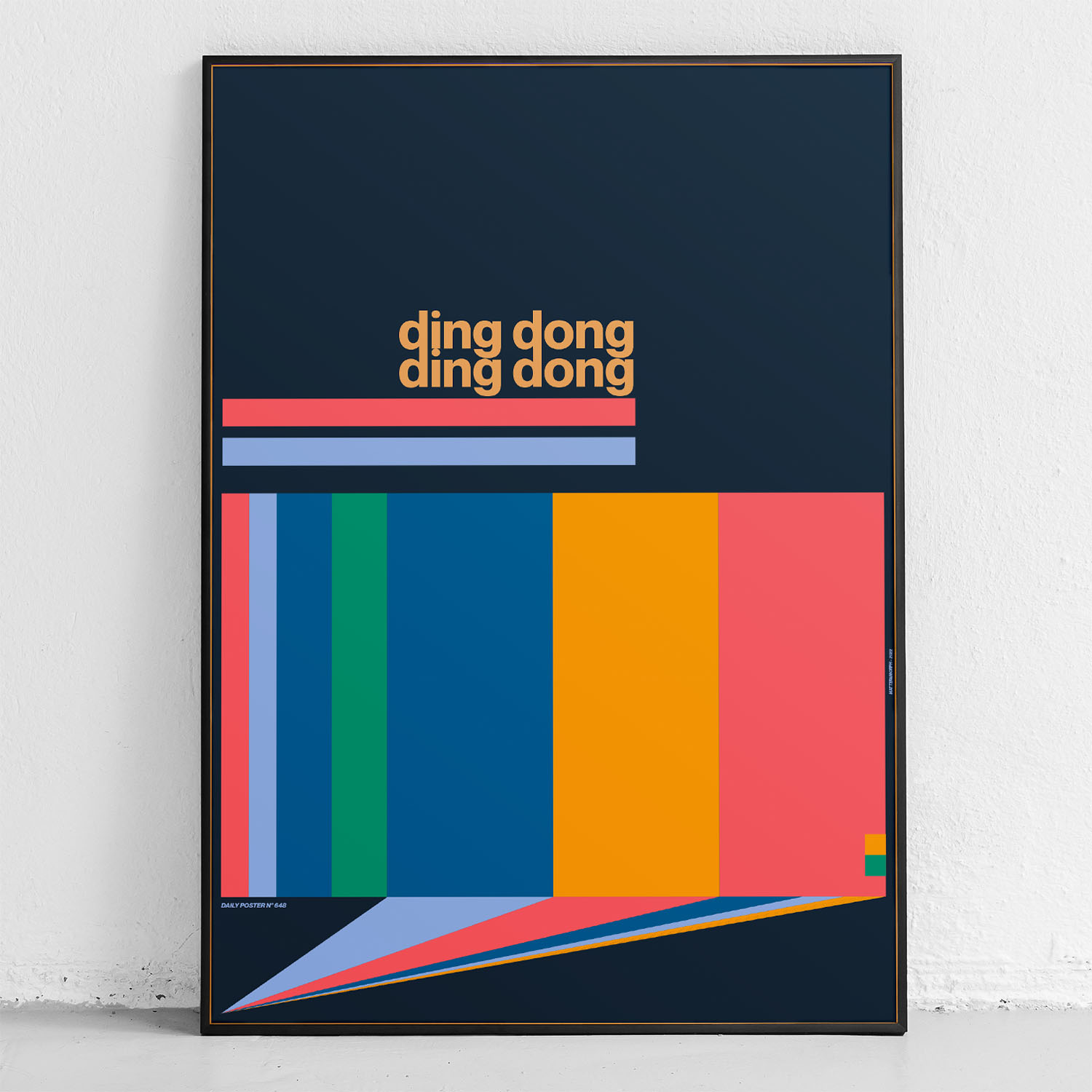 framed poster "ding dong" in front of wall